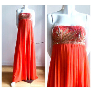 NWT Aidan Mattox Orange Beaded Empire Waist Grecian Silk Chiffon Gown 2